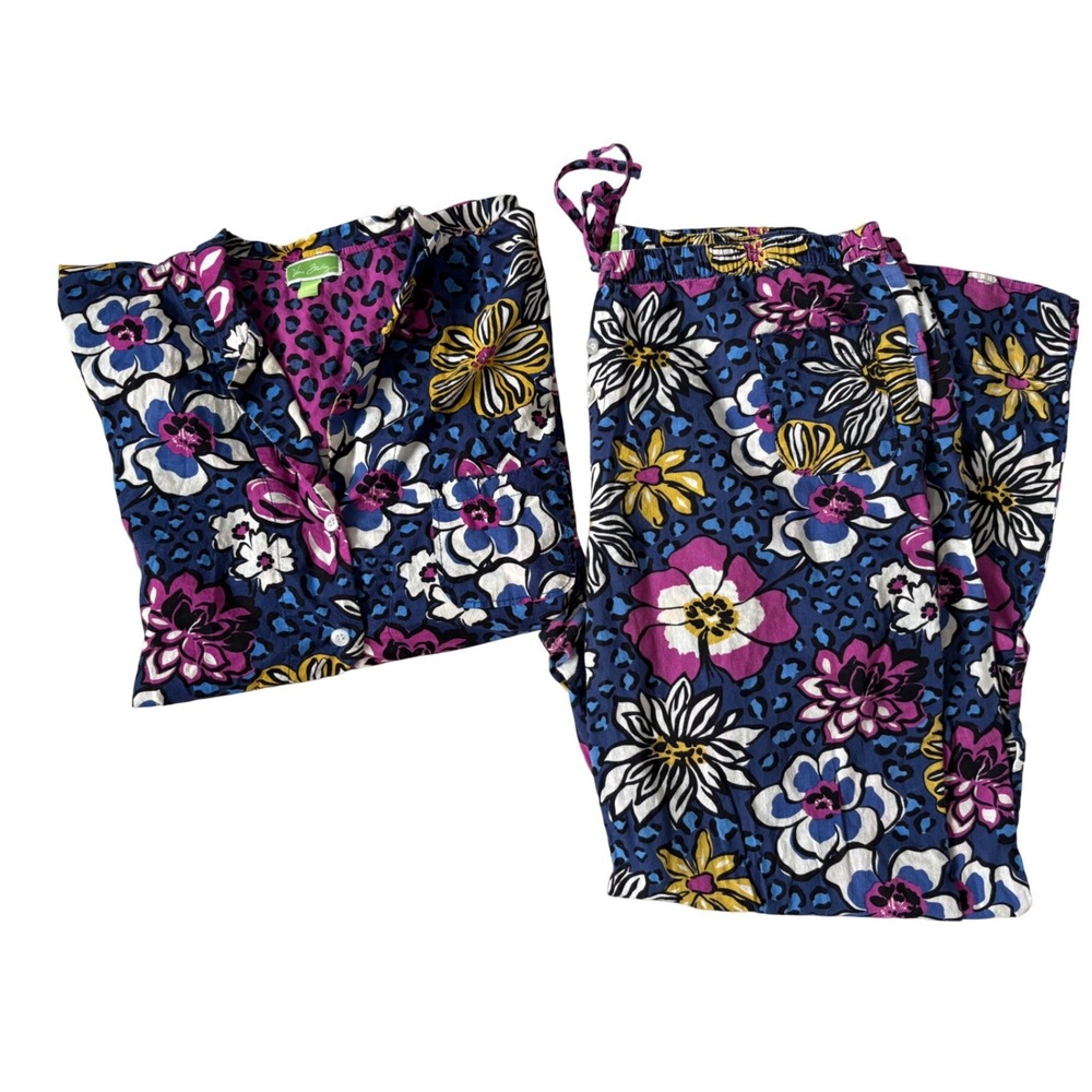Vera Bradley African Violets Leopard Cotton Pajama Set L Long Sleeve Top Pants